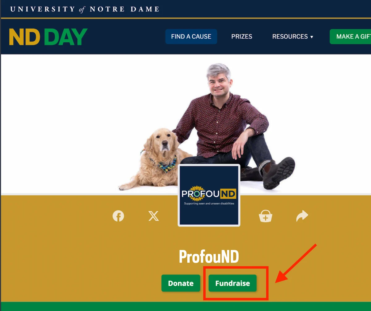 A smiling man with gray hair and a golden retriever in a bandana pose on white, with the ProfouND disability support logo. A red arrow points to a button that reads 'Fundraise'.