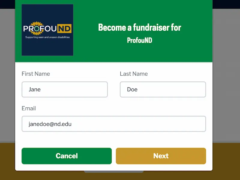 ProfouND fundraiser form. Fields for 'Jane Doe' and 'janedoe@nd.edu' are pre-filled. Green Cancel and gold Next buttons.