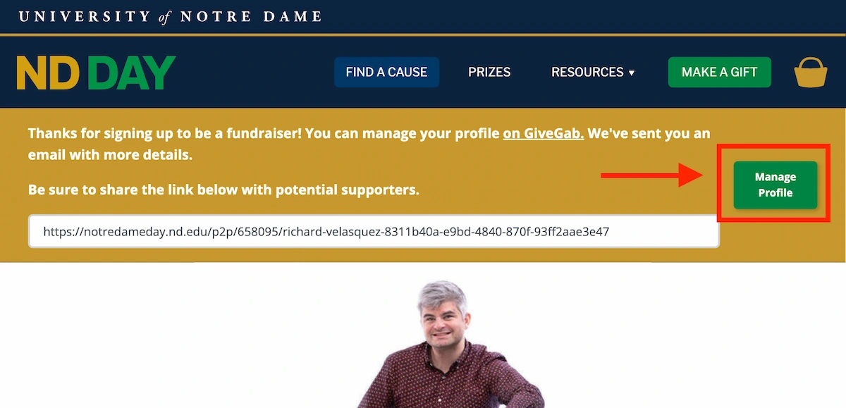 ND Day fundraiser confirmation page with 'Manage Profile' button and smiling man with gray hair.