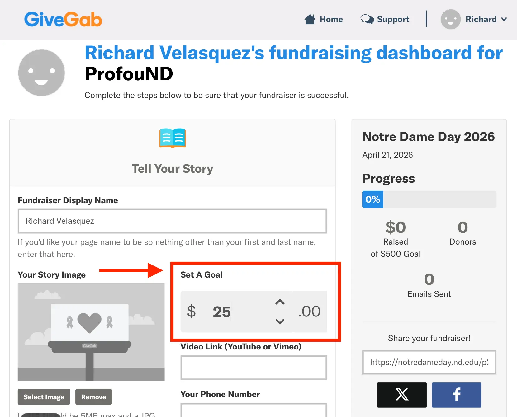 GiveGab fundraising dashboard showing a ' Set A Goal' field with '$ 25.00' and up/down arrows for adjustment.